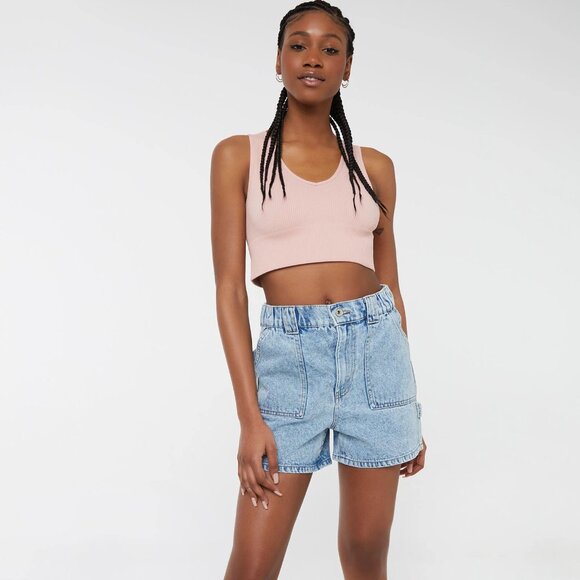 NWOT JEAN High Rise Denim Carpenter Shorts with elastic back waist Sz M - Picture 1 of 11